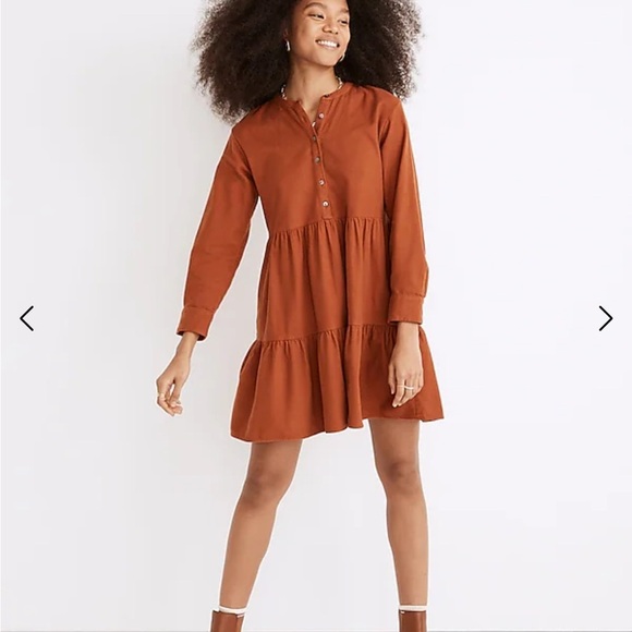 Madewell Flannel Button Placket Tiered Mini Dress Rust Orange Ruffled Dress Sz M - Picture 1 of 14